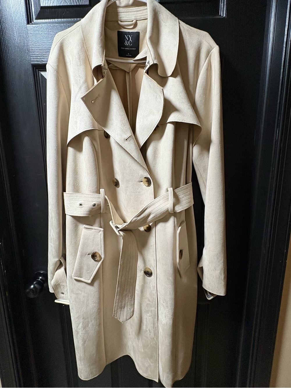 New York & Company Tan Double-Breasted Trench Coat with Waist Tie